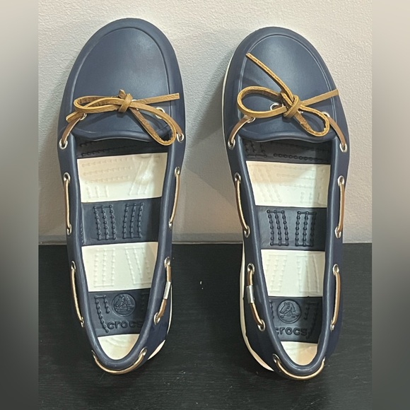 CROCS Dark Blue Boat Shoes with Brown Laces - Picture 5 of 9